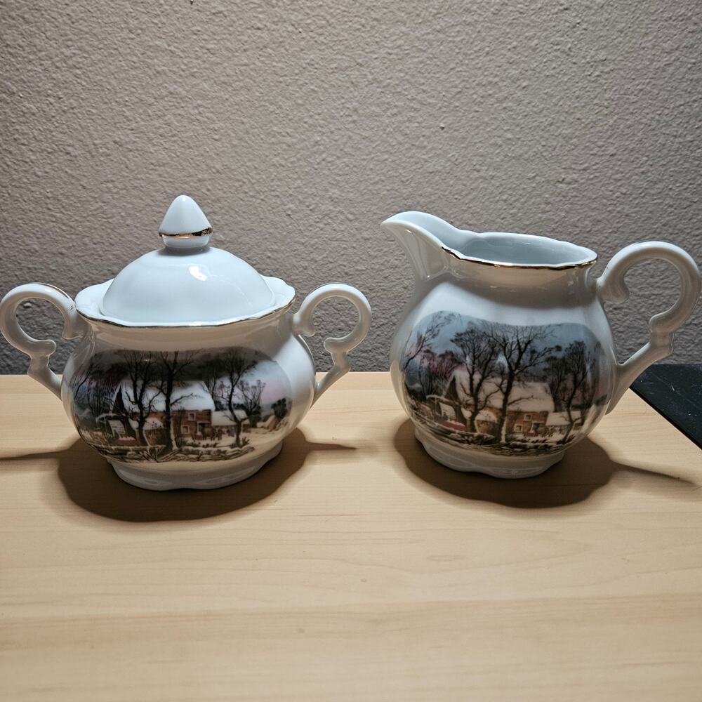 Avon Currier And Ives Sugar Bowl And Creamer Set:  The Old Grist Mill